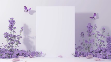 mockup for Invitation 5x7 card portrait orientation, white, soft purple, butterfly theme