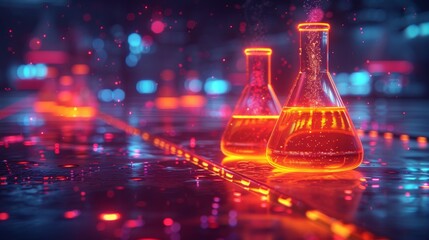 Science and chemistry concept. Digital lab background featuring neon-colored liquid, test tubes, or beakers against a dark background. Modern illustration. - obrazy, fototapety, plakaty