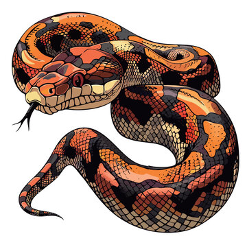 a drawing of a snake with a red and orange striped body and the word snake.