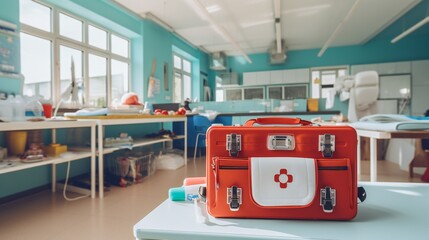 Panorama showcasing a first aid kit in a daycare center for child safety.