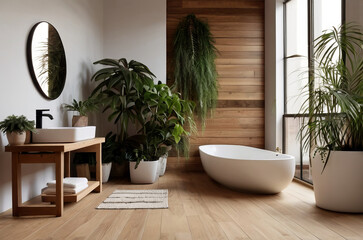 Home garden, bathroom in white and wooden tones. Close-up, bed, parquet floor and many houseplants. Urban jungle interior design. Biophilia concept. - obrazy, fototapety, plakaty