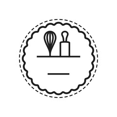 Round pastry emblem logo design with kitchen whisk and rolling pin. Utensils for preparing desserts in a round shape graphic design