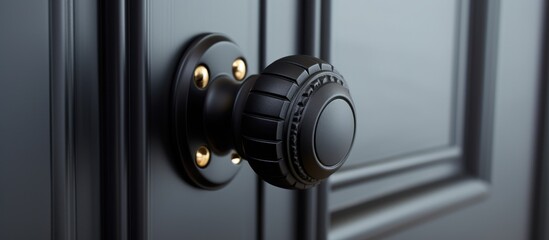 Black door handle on white wooden door in interior. Close-up of knob elements. Furniture fittings for design