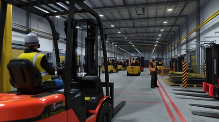 Forklifts and loaders with safety gear in a well-organized and ergonomically designed environment