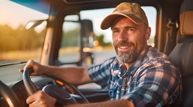 Old male truck driver smiling beautifully in the truck