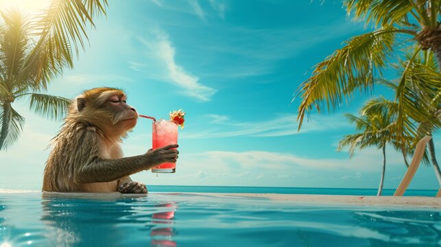 a monkey drinking a drink in a pool