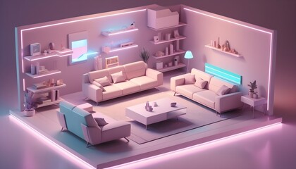 Fototapeta na wymiar A futuristic isometric living room scene with angular, minimalist furniture arrangements in pastel shades, illuminated by dynamic LED strips and subtle ray tracing reflections.