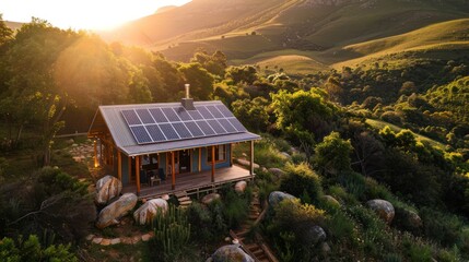 Picture a cozy, wooden cabin nestled in the heart of a lush south african mountain landscape. - obrazy, fototapety, plakaty