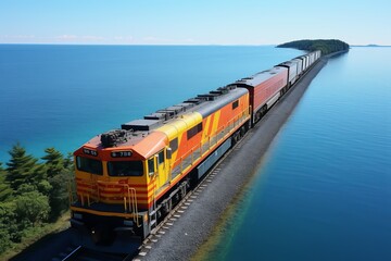 multicolored  Cargo train carries huge containers, railway along the sea coast, top aerial view - obrazy, fototapety, plakaty
