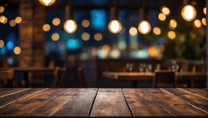 Foto op Plexiglas Empty wooden table top with lights bokeh on blur restaurant background © SR Production