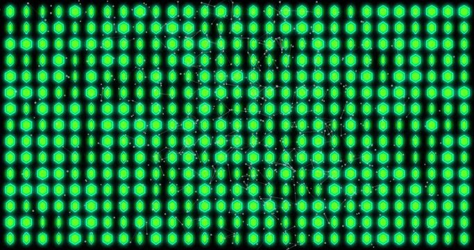 Animation of light wall of rotating round green lights on black background