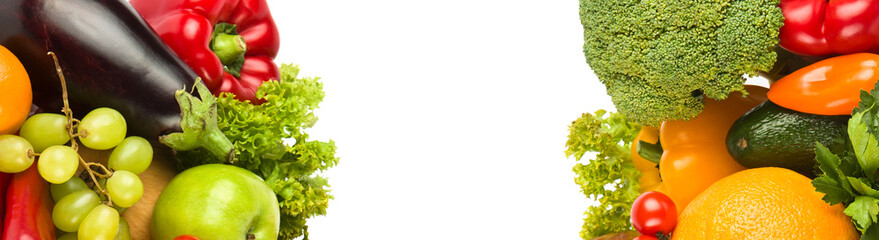 Set of vegetables and fruits isolated on a white. Collage. Wide photo. Free space for text.