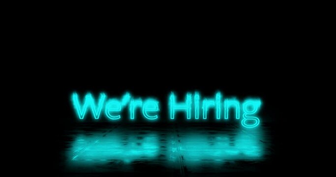 Animation of blue neon we're hiring text on black background