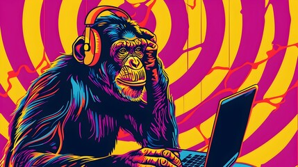 Vibrant Chimpanzee with Headphones, Perfect for Music and Tech Themes