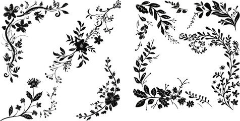 Decorative Black Hand Sketched Rustic Floral Doodle Corners, Branches Dividers