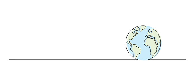 earth day one line art, continuous line drawing of globe, black line vector illustration, editable stroke, horizontal design element