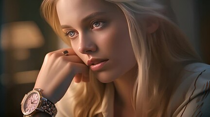 beautiful woman wearing watch holding cheek