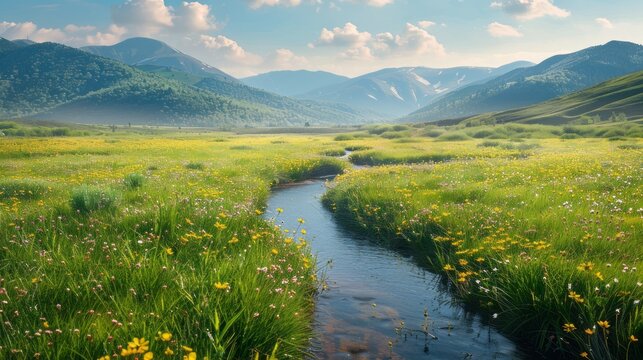 Serene meadow landscape with tranquil drainage channel - nature's beauty captured in this peaceful image