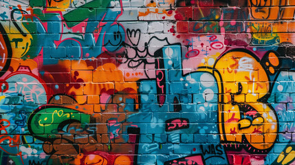 Naklejka premium a vibrant graffiti-covered wall, filled with a kaleidoscope of colors and abstract shapes, showcasing the creativity and expressive power of street art.