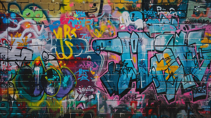 Naklejka premium an intricate and colorful graffiti wall, bursting with a variety of shapes, symbols, and lettering, reflecting the vibrant and raw energy of urban street art.