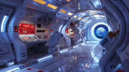e interior of a futuristic space station, illuminated by ambient lights and detailed with high-tech control panels and viewports, offering a breathtaking view of Earth from space.