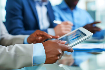 Professional Business Team Analyzing Data on Digital Tablet in Meeting