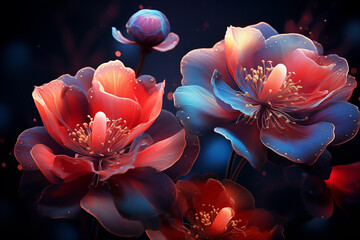 beautiful digital artwork of large blue and red flowers with vibrant colors, glowing against a dark...