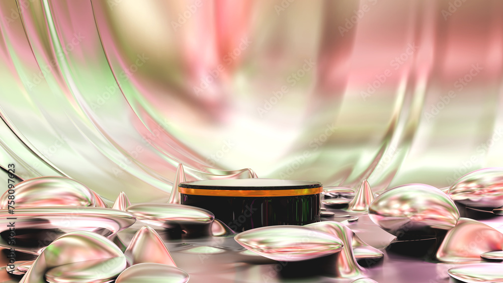 Poster iridescent holographic texture background with empty podium for showing new beauty products. 3d rend