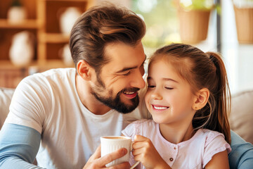 Affectionate Father Sharing a Coffee Moment with Smiling Daughter in a Cozy Home Setting