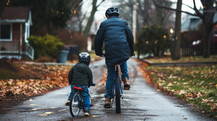 Joyful Father Helping Son Ride a Bike, Cherished Firsts and Parental Support