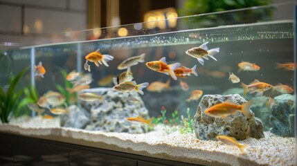 The elegant base is equipped with a high freshwater fish tank and a low freshwater fish tank, - obrazy, fototapety, plakaty