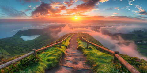 A path leading to the horizon in top of mountain landscape background at sunset, natural view top of hill - obrazy, fototapety, plakaty