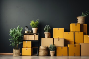 Empty room with yellow cardboard boxes, green plants, moving concept, dark walls, home storage