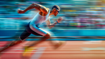 Speeding athlete on a sprint track showcasing motion and determination in a dynamic blur of movement