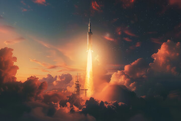 Fototapeta premium Rocket launch into dramatic twilight sky as a metaphor for innovation, exploration, and progress, symbolizing achievement and exploration
