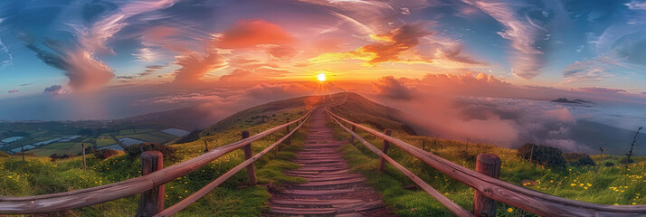 A path leading to the horizon in top of mountain landscape background at sunset, natural view top of hill - obrazy, fototapety, plakaty