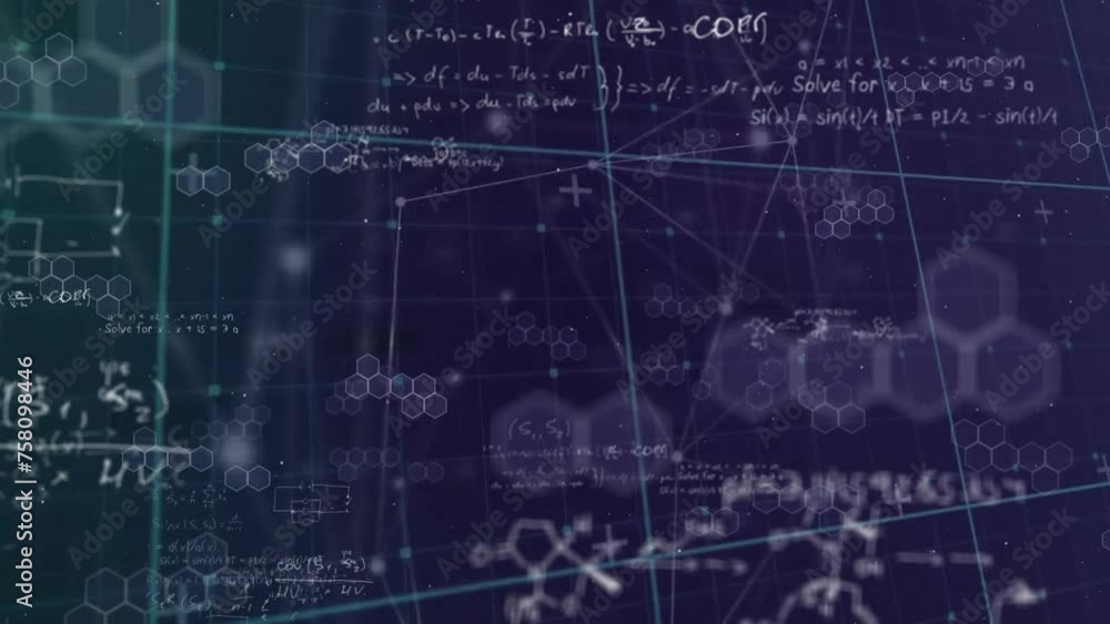 Aufkleber animation of mathematical equations over network of connections on black background