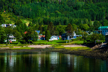 Saint-Rose-du-Nord, Canada - August 14 2019: Saguenay valley view from the dock of Sainte-Rose-du-Nord
