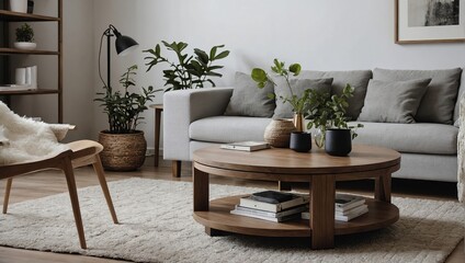 Round wood coffee table against white sofa, Scandinavian home interior design of modern living room