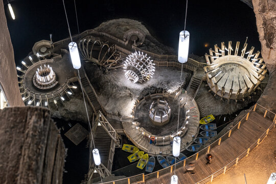 Turda, Romania - February 15, 2022. Underground salt mine in Turda ,popular attraction for many tourists,Transylvania, Romania.