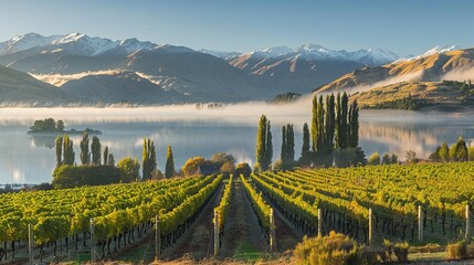 Serene morning on vineyard overlooking lake wanaka, new zealand - captivating scenery with grapevines in golden light - obrazy, fototapety, plakaty