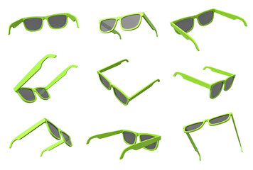 Various angles of green sunglasses isolated