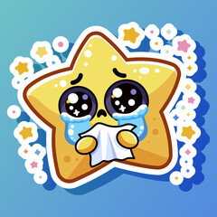 Star form yellow sticker with emoticon. Cute cartoon design. Crying and weeping character. Tear-stained face. Holding handkerchief. Isolated on blue background. Vector illustration