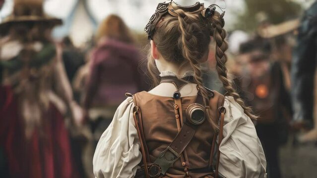 Young girl with braids in a medieval costume at the fair.