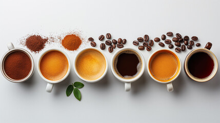 Cups of tasty coffee on white background. Many cups of coffee on white desk with decoration of coffee beans and leaves