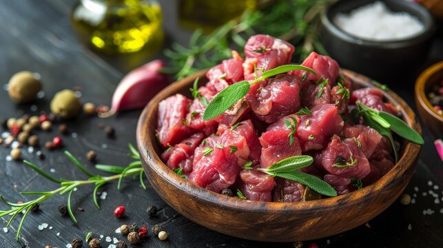 Raw chopped beef meat raw organic meat beef or lamb spices herbs