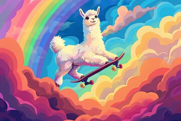 Fototapeta premium A painting of a llama skillfully riding a skateboard through a field. Generative AI