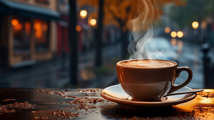 Cup of coffee on a rainy day. A brown color coffee cup  with the falling rain outside - obrazy, fototapety, plakaty