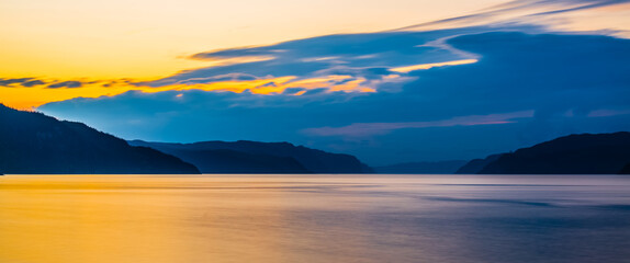 Saguenay river, Canada - August 18 2019: Stunning panoramic view of Sagueney River Valley during sunset