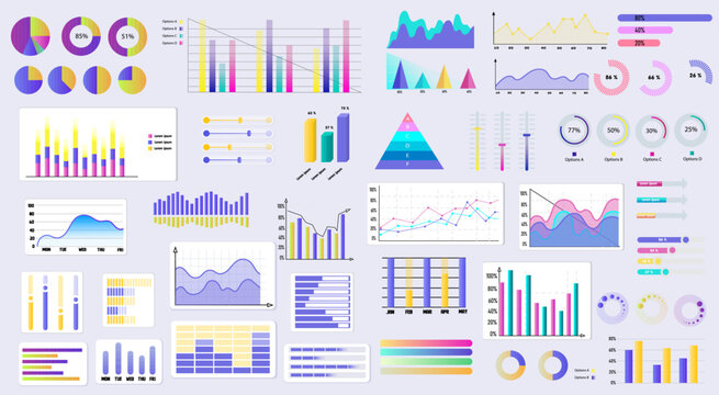 Business infographic elements set. Financial presentation visualization collection for analytics and statistics report. Colorful diagram, pie and flow charts, bar graphs and lines. vector illustration